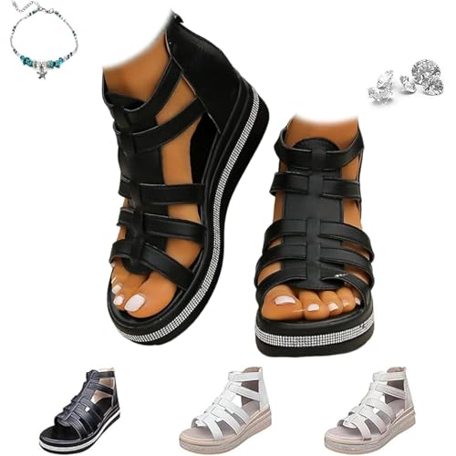 Wedge Gladiator Sandals for Women,Rhinestone Decor Wedge Sandals,Summer Orthopedic Platform Fisherman Sandal Back Zipper