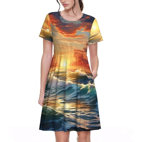 Robe d'été manches courtes femme imprimé océan et coucher de soleil pour garde-robe estivale
