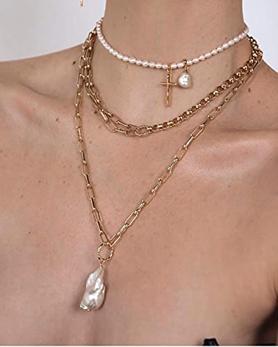 Natural Baroque Pears Pendant Necklace Gold Chain Necklace with Pearl Charm Pearls Satellite Choker Necklace 18K Gold Plated Paperclip Link Chain Necklaces for Women Jewelry3