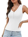 Ribbed Button Down Henley Tank Top Women Wide Strap V Neck Cotton Tanks Fitted Basic Sleeveless Crop Tops 2026 Summer White S
