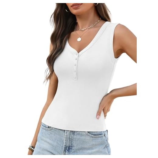 Ribbed Button Down Henley Tank Top Women Wide Strap V Neck Cotton Tanks Fitted Basic Sleeveless Crop Tops 2026 Summer White S