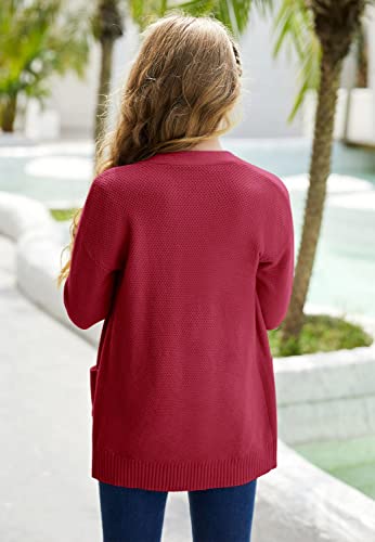 Image of Goranbon Girls' Cardigan Sweaters Open Front Long Sleeve Casual Sweater Coats with Pockets Red