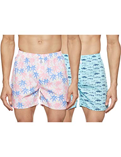 Image of Longies Men's Regular Printed Boxer Shorts (LGBOXPO2V001 Floral Pink /Fish Blue Medium)