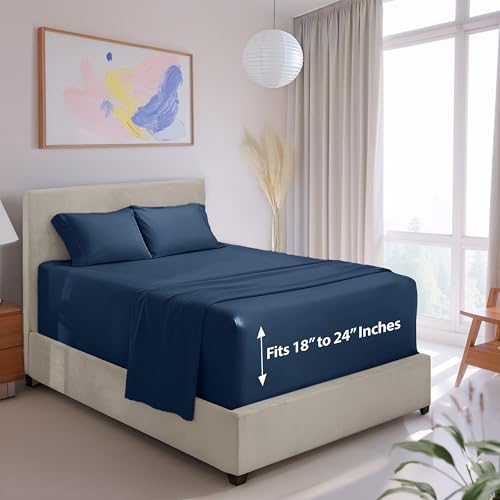 Hearth & Harbor Extra Deep Pocket Queen Size Sheet Set - 4 Piece Ultra Soft & Breathable Bed Sheets Set - Fits Up to 24" Mattress - Hotel Luxury Bed Sheet Set, Navy Blue