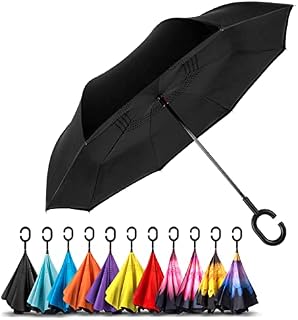 EEZ-Y Inverted Umbrella w/Windproof Double Layer Construction - Reversed Folding for Car Use - C-Shaped Handle for Hands-Free Use