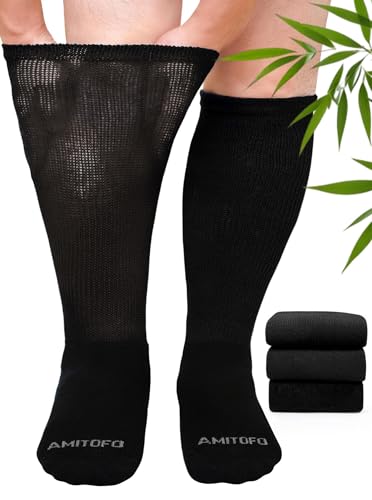 ZAKASA Bamboo Viscose Diabetic Socks: Non-Binding Crew Knee High Socks Loose Fit for Women Men 3 Pairs Size 11-13 Black