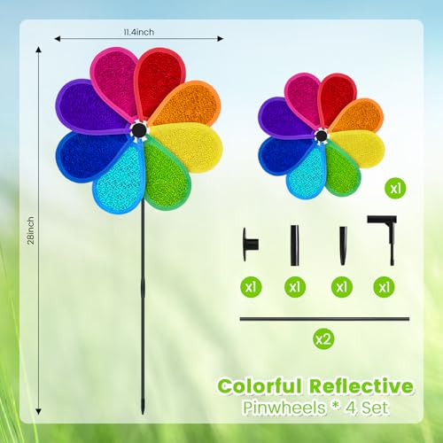 DECEED 4 PCS 11.4" W x 28" H Reflective Pinwheels Sparkly Lawn Wind Spinners Colorful Rainbow Windmill for Garden Decoration Bird Devices Deterrent to Scare Birds Away(Multicolor) by DECEED - Used condition - Image 3