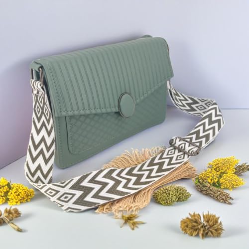 Image of ITALISH Quilted Pattern Leather Crossbody Sling Bag with Striped Pattern 23 x 18 x 7 cm