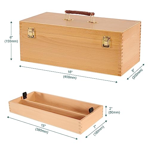 Image of VISWIN 16 inchx8 inchx6 inch Large Art Storage Box, Double-Layered Solid Beech Wooden Tool Box for Art Supplies, Wooden Tool Box for Paint Brush, Pen, Pastel, Paining Supplies
