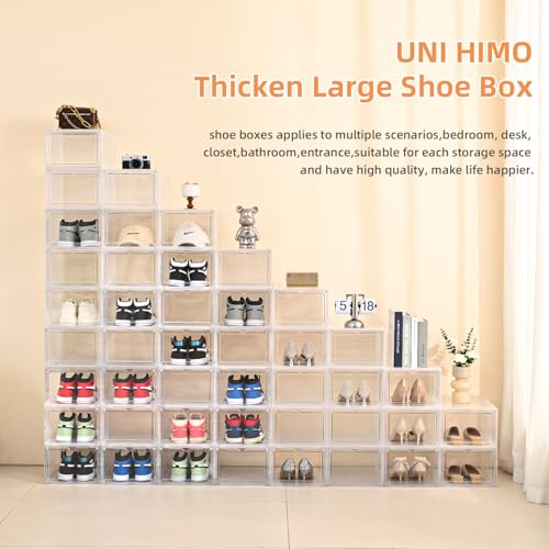 Uni HIMO Drop Front Shoe Box with Clear Door,10 pack Plastic Shoe Boxes Stackable,Thicken & Sturdy Organizer Containers For Sneakers,Fit up to US Size 12(13.4”x 10.6”x 7.5”) (White Clear, 10 Pack)