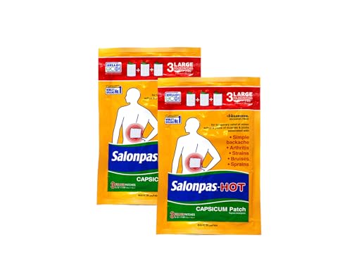 Salonpas Pain Relieving HOT Capsicum Patch 3 Count per Pack Pack for Back Neck Shoulder Knee Pain and Muscle Soreness 8 Hour Pain Relief Pack of 2