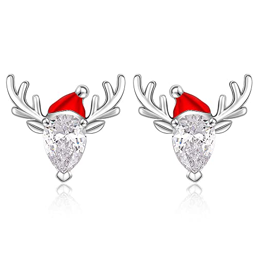 Christmas Reindeer Earrings Sterling Silver Studs Deer Red Santa Hat Earrings for Women Girls Antler Cute Animal Holiday Xmas Jewelry Gifts