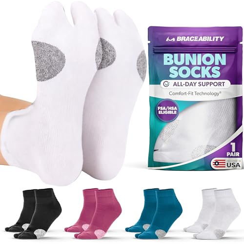 BraceAbility Bunion Relief Socks - Split-Toe Bunion Socks for Women and Men with Arch Support Big Toe Separator Hallux Valgus and Bunionette Relief Left and Right Fit (1 Pair M - White)