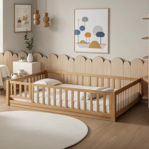 Image of PVWIIK Full Size Montessori Floor Bed Frame with Convertible Door & Wood Slats for Kids,Wood Montessori Bed with Safety Guardrails for Girls & Boys,Natural