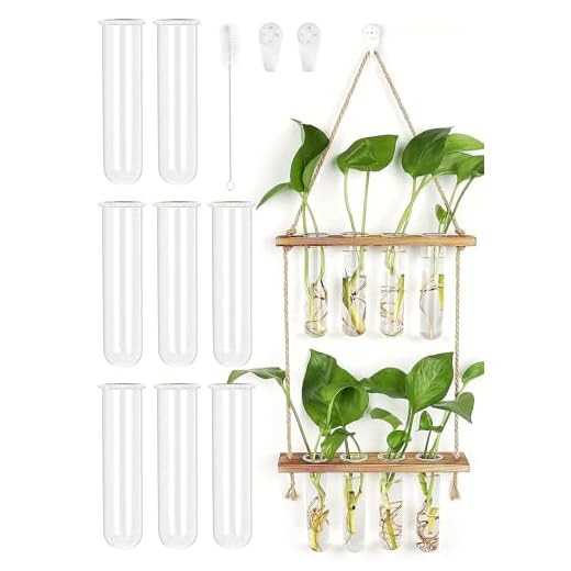 Jarrón de Tubo Vídrio Florero de Plantas Hidropónica Colgante Pared con Soporte de Madera 2 Niveles y Cuerdas, 9 Tubos de Ensayo 2 Ganchos 1 Cepillo Estación de Propagación de Plantas para Esquejes