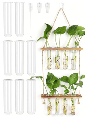 2 Étage Vase Mural, 8PCS Vase Tube à Essai, Pot de Fleur Mural en Verre, Suspension Plante intérieure avec Support en Bois, pour décoration Maison Bureau...