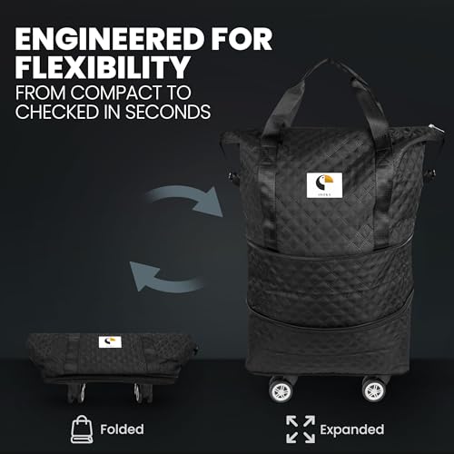 ISOKE Foldable Travel Duffel Bag - TSA Approved - With Wheels & Shoe Compartment - Weekender Bags for Women - Carry On Overnight Bag - Black - 16"×10"×24"2