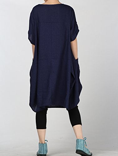 Mordenmiss Women's Cotton Linen Dresses Plus Size Summer Roll-up Sleeve Baggy Sundress with Pockets M Blue