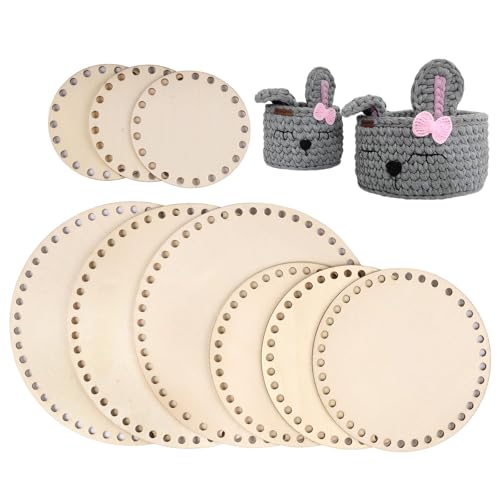 9 Piezas Base para Bolsos Crochet, 10/15/20cm Redondas de Madera, Tableros Natural para Ganchillo, DIY Tote Bag Cesta de Tejer para Manualidades,Tamaño de Poro de 7 mm, Desgaste y a la Deformación