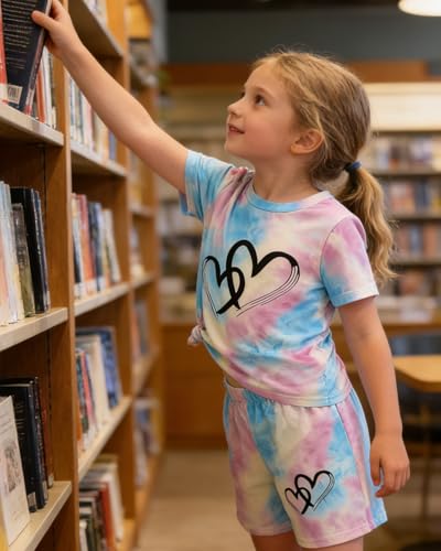 Image of Kids Girl Clothes Tie Dye Heart Print Short Sleeve Top and Shorts Toddler Girl Summer Outfits Short Set