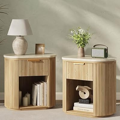 Fluted Marble Nightstand Set of 2, 23.6" Large Bedside Side Table with Drawer, Wood End Table with Storage, Curved Round Corner, Furniture Bedroom Sofa, Mid Century Modern,Oak, Marble