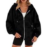 Dyhxuan Wildlederjacke Damen mit Kapuze Reißverschluss Wildleder Hoodie Oversize Sweatjacke Langarm Kapuzenpullover Zip Up Sweatshirt Casual Übergangsjacke mit Tasche