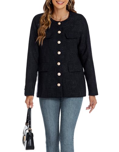 Women's Tweed Blazer Jackets Crewneck Button Down Business Jackets Casual Elegant Work Office Jacket4