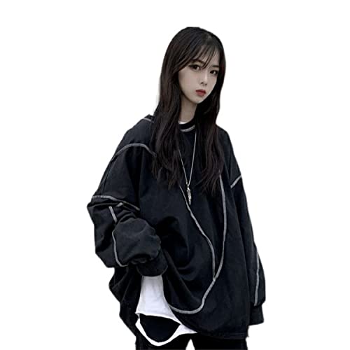 Korean Style Loose Women's Tops Personality Hip-hop All-Match Tops Dark Women's Clothing (M,Medium) Black