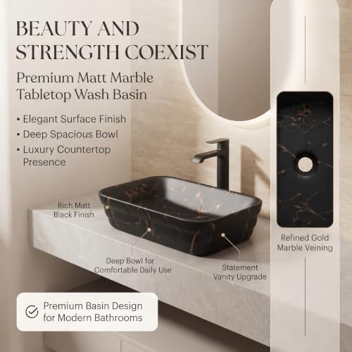 Image of InArt 1081 Wash Basin for Bathroom, Matt Black Marble Tabletop Washbasin, Ceramic Countertop Vessel Sink, 500 x 350 x 130 mm Rectangular Bathroom Sink for Vanity