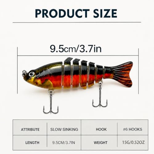 Image of Multi Jointed Swimbait Hard Lure, 3.7in Slow Sinking Fishing Lures with Realistic S-Shaped Swimming Action, Built-in Gravity Transfer System & #6 Treble Hooks for Bass, Trout, Pike, Topwater Lure