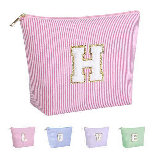 Huifen Initial Makeup Bag for Girls, Toiletry Bag for Teens Kids(Pink, H)