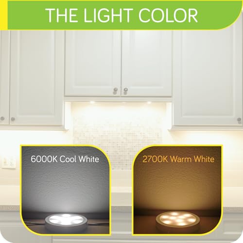Image of Under Cabinet LED Puck Lighting, Single Light for Hutch Bookcase Display Shelf Lighting, Rotary Dimmer Switch, 120VAC Plug in, Black Cord, Warm White