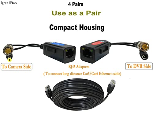 Igreeman 4 Pair Passive Video Balun Bnc To Rj45 Adapter With Power, 1080P-5Mp Ground Loop Isolated Analog Security Camera Transceiver, Cat5E/Cat6 Cable To Bnc Converter - Compact #TOP2