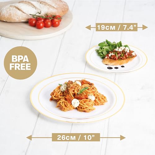 MATANA 120 pc Reusable Gold Rim Plastic Plates - 60 Dinner Plates 10.25" Inch, 60 Salad Dessert Appetizer Plates 7.5" Inch, Heavy Duty, Elegant, Premium for Parties, Wedding & Events by MATANA - Used condition - Image 5