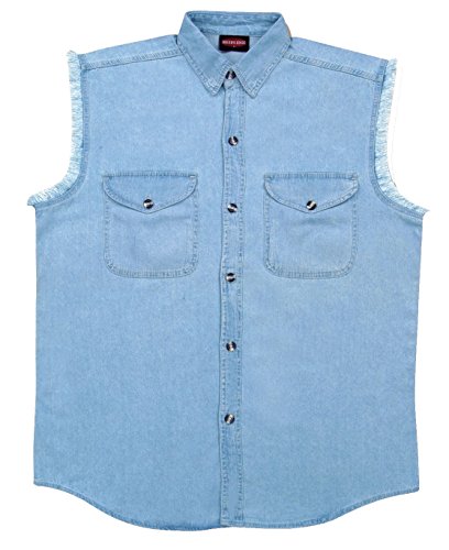 Men's Motorcycle Blue 100% Cotton Cut Off Shirt with Frayed Sleeves(2XL Blue)