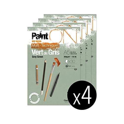 Clairefontaine 975704C - Un Bloc Encollé De Papier Dessin Paint'On 30 Feuilles 14,8X21 Cm 250G, Vert De Gris - Paquet De 4 Blocs