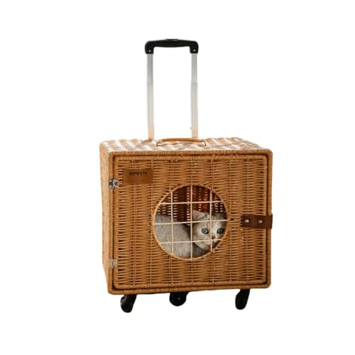 ポータブル猫バッグ、ペットトロリーケース、織スーツケース、犬バッグ、見た目の良い抗ストレス猫バックパック、キャスター付き籐ペットキャリア、猫トロリーバッグ (四角)