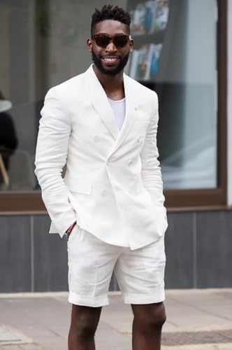 Mens Double Breasted Linen Suit Set with Shorts 2 Piece Suits for Men Beach Wedding JXZ0144
