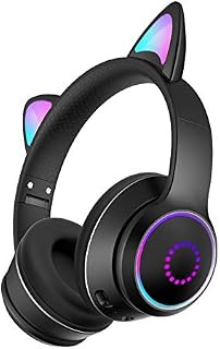 QOTSTEOS Wireless Gaming Headset, Cat Ear Bluetooth 5.0 Headphone With LED Light, Adjustable HIFI Headphones for Kids Adult, Support Wake Up Siri, Bluetooth/Wired/TF/FM Mode