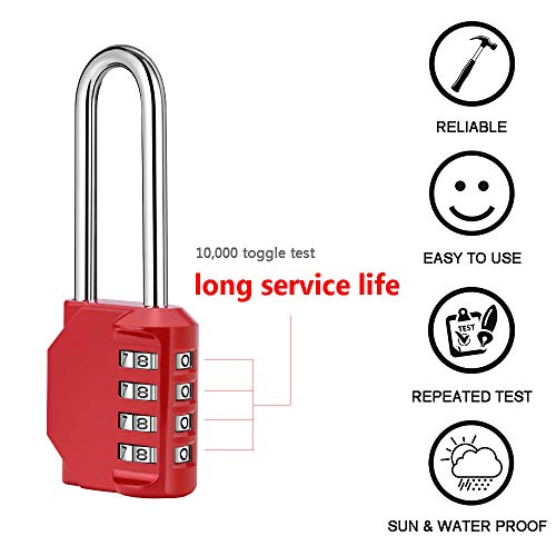 Image of 2 Pack disecu 2.6 Inch Long Shackle Combination Lock, 4 Digit Outdoor Waterproof Padlock for School Gym Locker, Sports Locker, Storage Unit, Gate, Fence, Toolbox, Cabinet (Red)