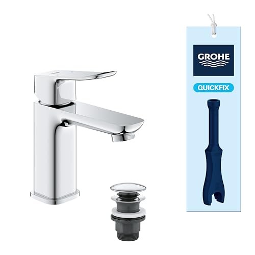 GROHE Dice Single Lever Basin Mixer Tap with Pop-Open Waste Set (S-Size 152 mm, 28 mm Ceramic Cartridge, Water Saving, Tails 3/8 Inch, Easy to Fit with The Included QuickTool), Chrome, 1018570000
