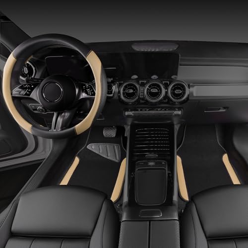 CAR PASS Faux Leather Steering Wheel Cover and Waterproof Car Floor Mats,Universal Car Combo Fit for 95% Sedan,SUV,Cars,14.5-15inch Sporty Anti-Slip Safety Comfortable Design(Black＆Beige) by CAR PASS - Image 2