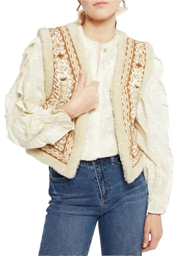 Hdhdeueh Chaleco de forro polar para mujer, vintage, sin mangas, cuello en V, parte delantera abierta, chaquetas cortas, caqui, M
