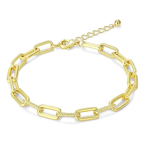 Paperclip Chain Bracelet, 14K Real Gold Plated Paperclip Link Bracelet