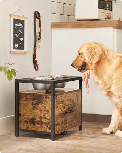 Feandrea Hundenapf erhöht, für große Hunde, Futternapf mit Gestell, erhöhter Fressnapf mit Schublade, Futterstation, 2 Schüsseln, 39 cm hoch, vintagebraun-schwarz PRB101X01V1