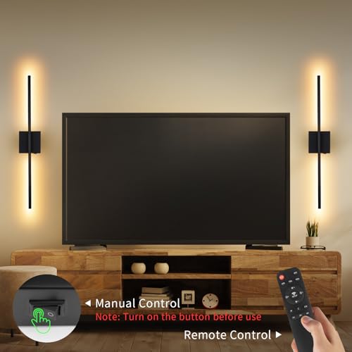 Image of Battery Operated Wall Sconce Set of Two with Remote Control, Rechargeable & Dimmable Wireless, Easy Install Peel and Stick, Timer Function, for Living Room, Bedroom, 28.3 inch (Black)
