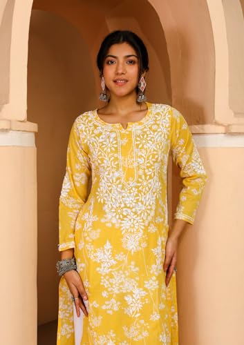 Image of GoSriKi Cotton Blend Embroidered Straight Kurta for Women | Cotton Blend Pink | 3 /4 Sleeve | Round Neck V-Slit | Ethnic Wear Casual Wear