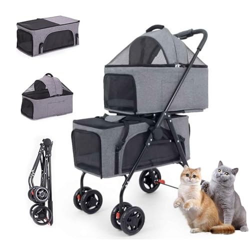 小型犬または猫2匹用ダブルペットベビーカー、取り外し可能なキャリア付き軽量ダブル犬用ベビーカー、旅行キャンプ用メッシュ窓付き猫用ベビーカー