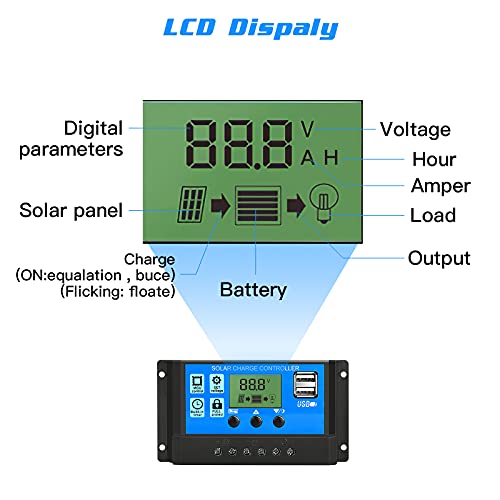 20A Solar Charge Controller ，12V/24V Solar Panel Controller Battery Intelligent Regulator with USB Port Display，Adjustable Parameter Backlight PWM Auto LCD Display and Timer Setting ON/Off Hours - Thumbnail 3