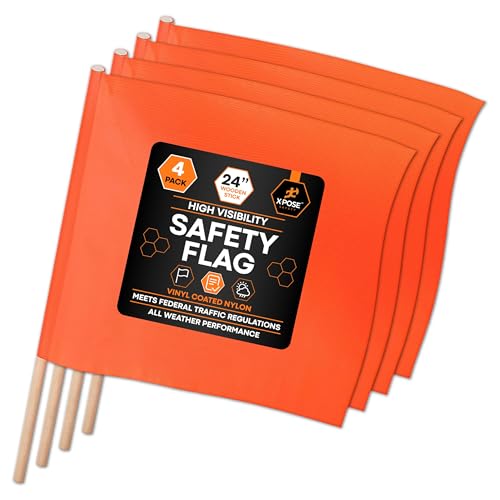 Image of Xpose Safety Orange Vinyl Safety Flags 18 inch x 18 inch with 24 inch Wooden Staff, 4 Pack - High Visibility Warning Flags for Road Work, Traffic Control, Parking Lots & Emergency Response